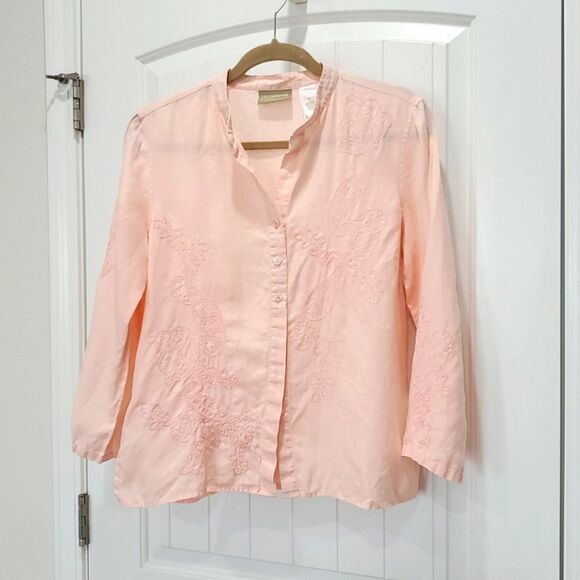 Liz Claiborne Womans Peach 100% Linen Embroidered Blouse Size Medium - Picture 1 of 5
